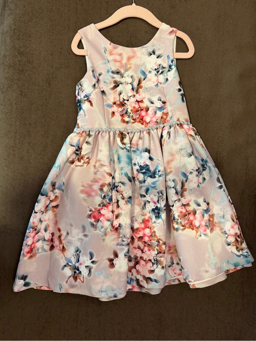 Pippa & Julie Floral Fit-and-Flare Dress with Pink & Blue Blooms beaded waist